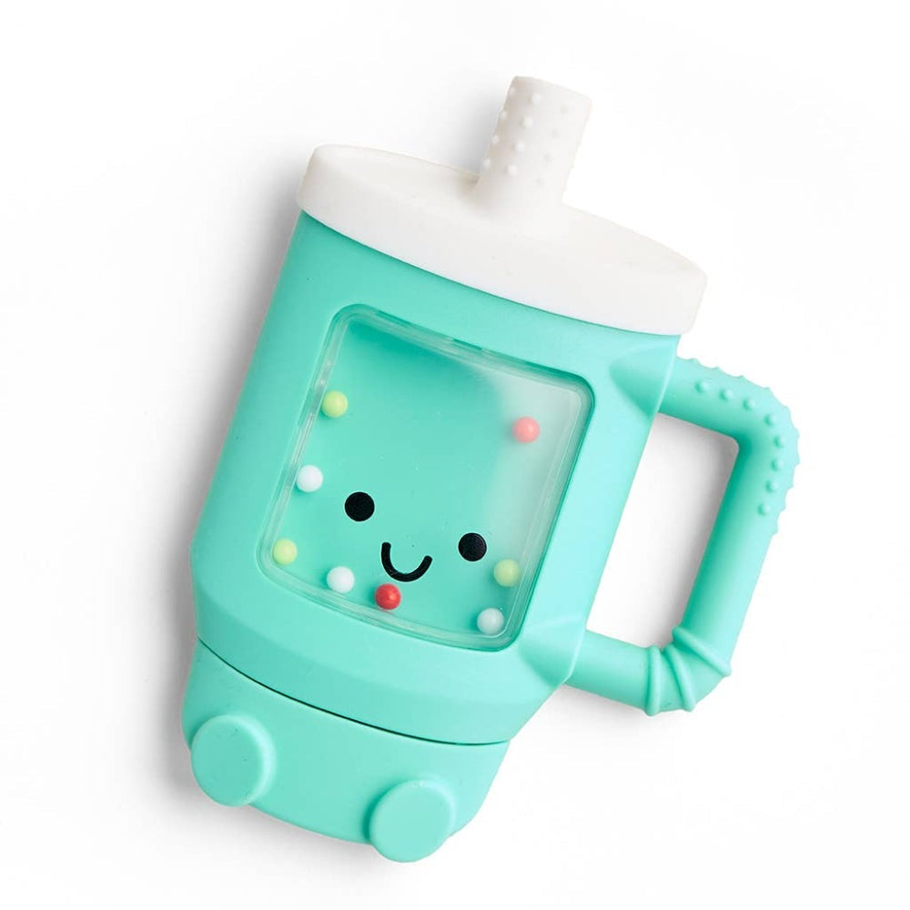 Itzy Ritzy Sweetie Shake Plus teether and rattle in mint green with white lid and straw