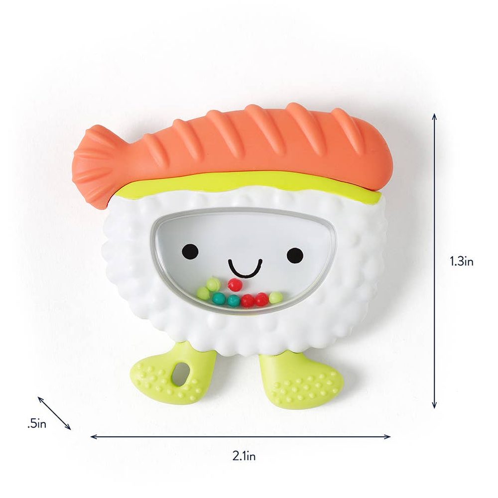 Itzy Ritzy Sweetie Shake Plus Rattle & Teether baby teether toy with white fluffy body, pink hair, and lime-green feet