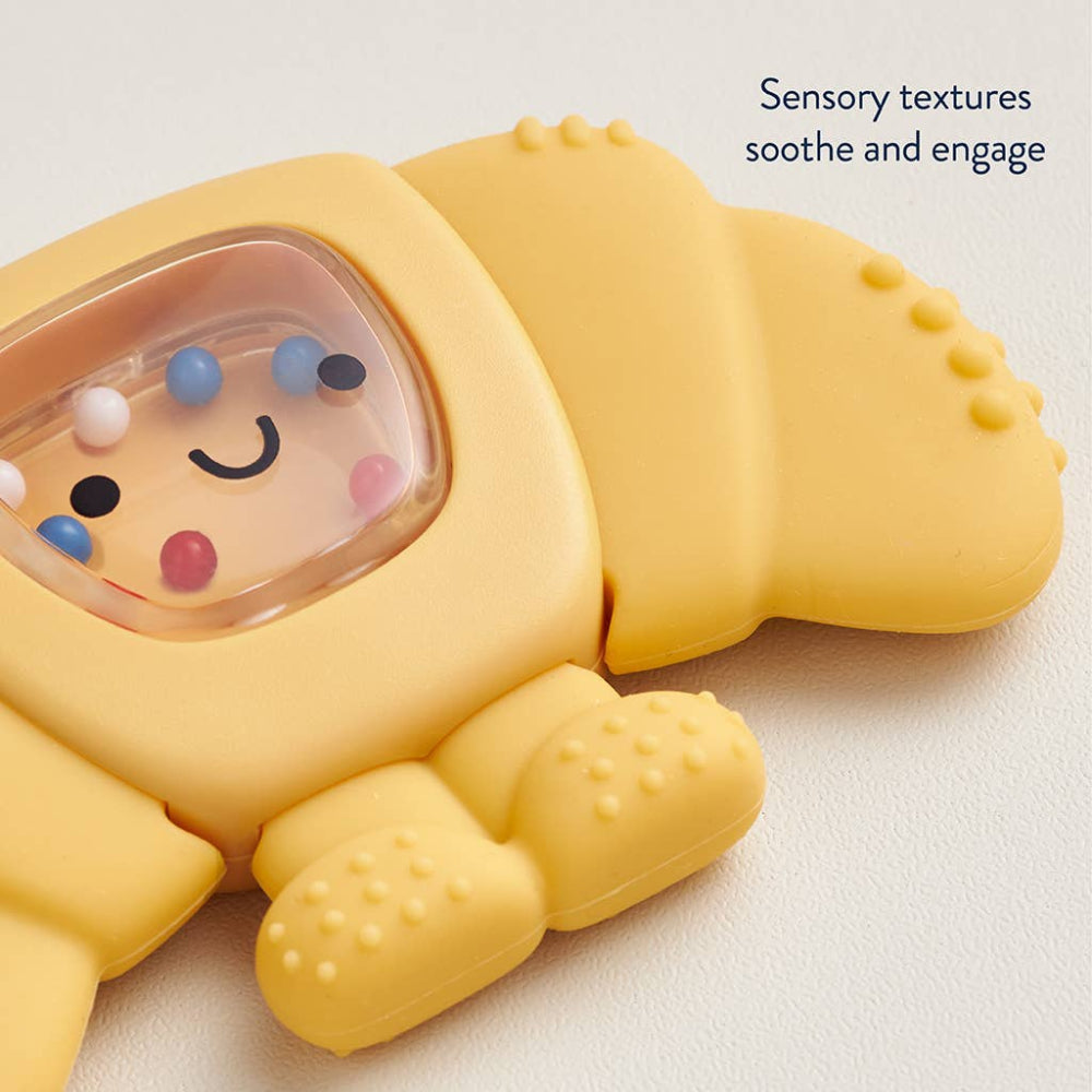 Itzy Ritzy Sweetie Shake Plus teether and rattle in yellow silicone with textured feet