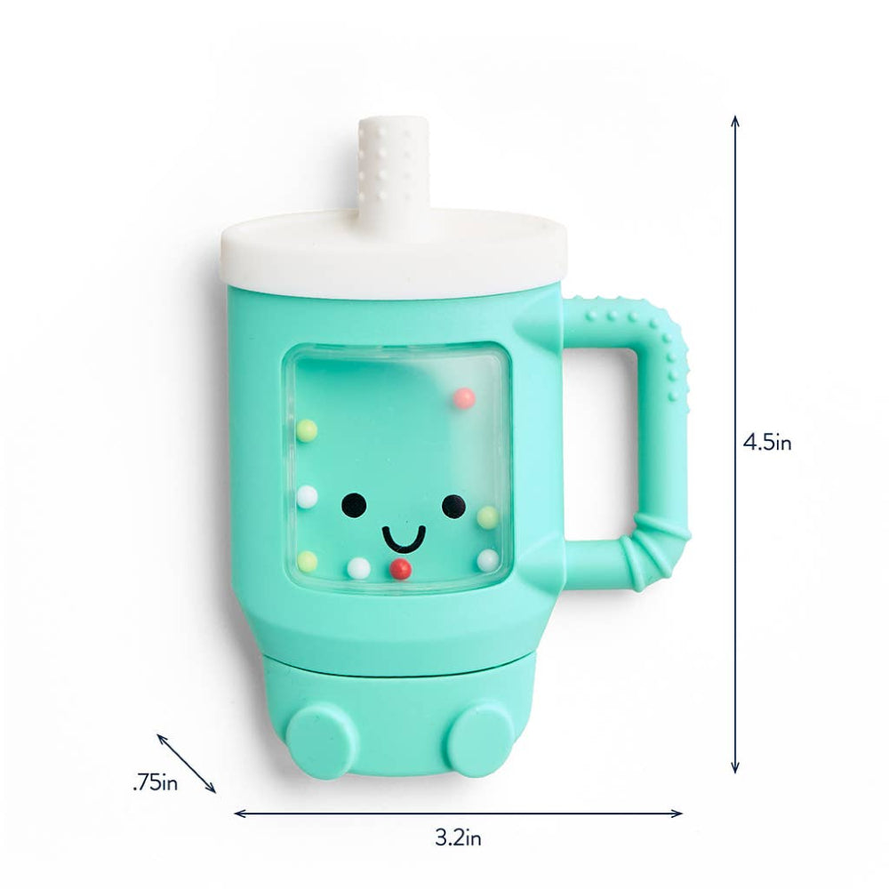 Itzy Ritzy Sweetie Shake Plus teether rattle in mint green with bead-filled window and smiley face