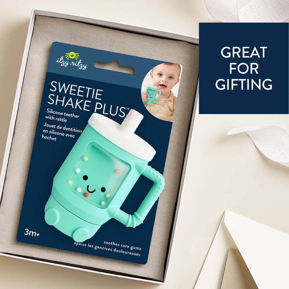 Itzy Ritzy Sweetie Shake Plus teether rattle in mint green with smiling face, BPA-free for 3m+