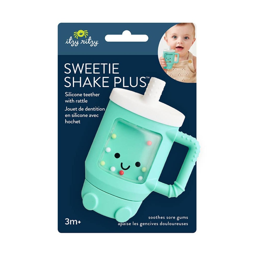 Itzy Ritzy Sweetie Shake Plus teether rattle in mint green silicone with white cap, a baby teething toy