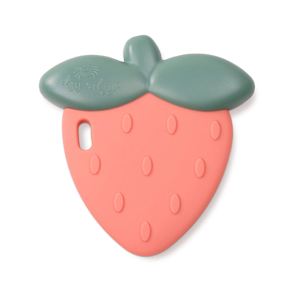 Itzy Ritzy Sweetie Shake Rattle & Teether strawberry teether pink body with green leaves