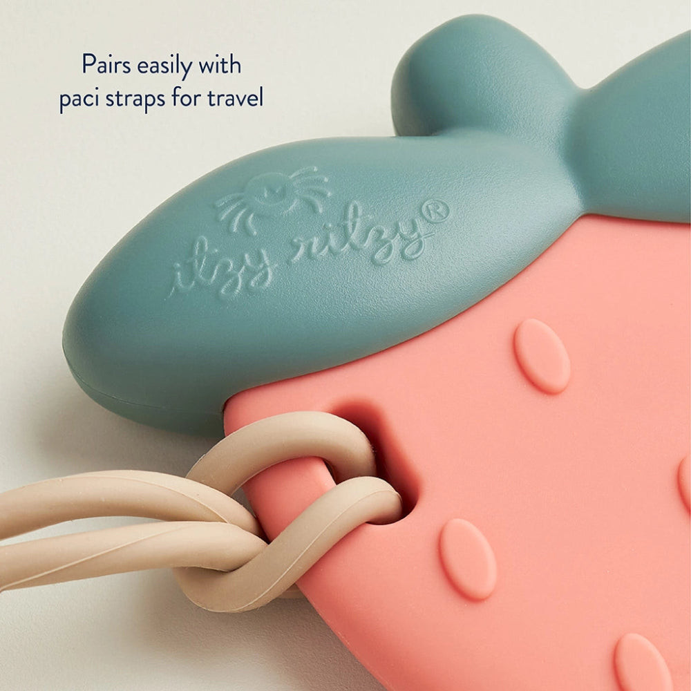 Itzy Ritzy Sweetie Shake Rattle & Teether in pastel blue and pink silicone with braided straps