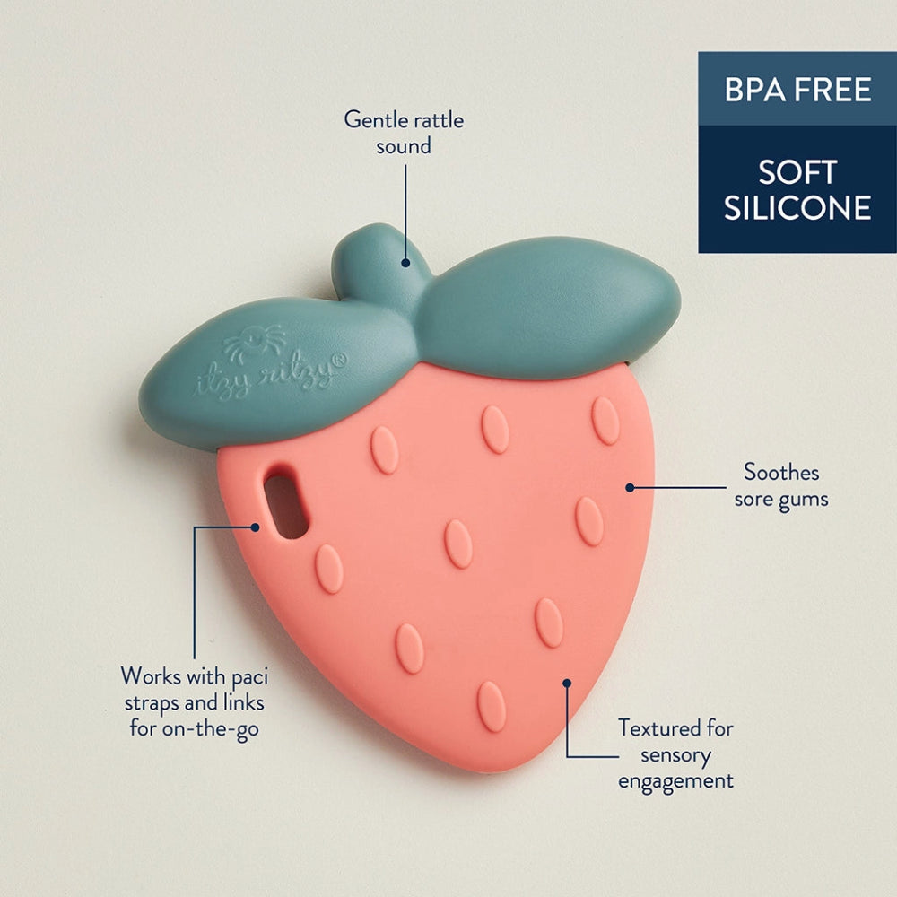 Itzy Ritzy Sweetie Shake Rattle & Teether strawberry teether in pink silicone with blue cap, BPA free