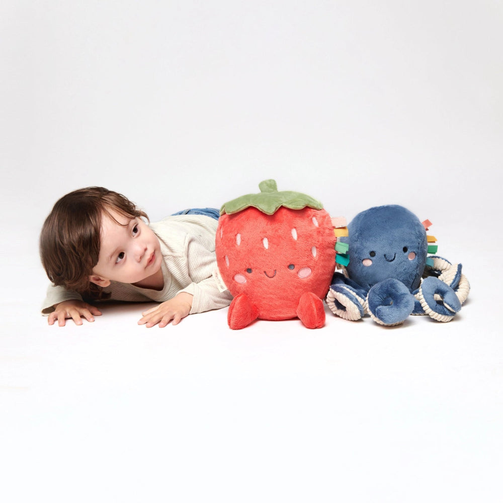 Itzy Ritzy Sweetie Snuggles Plush strawberry and blue octopus toys, child cuddling them.