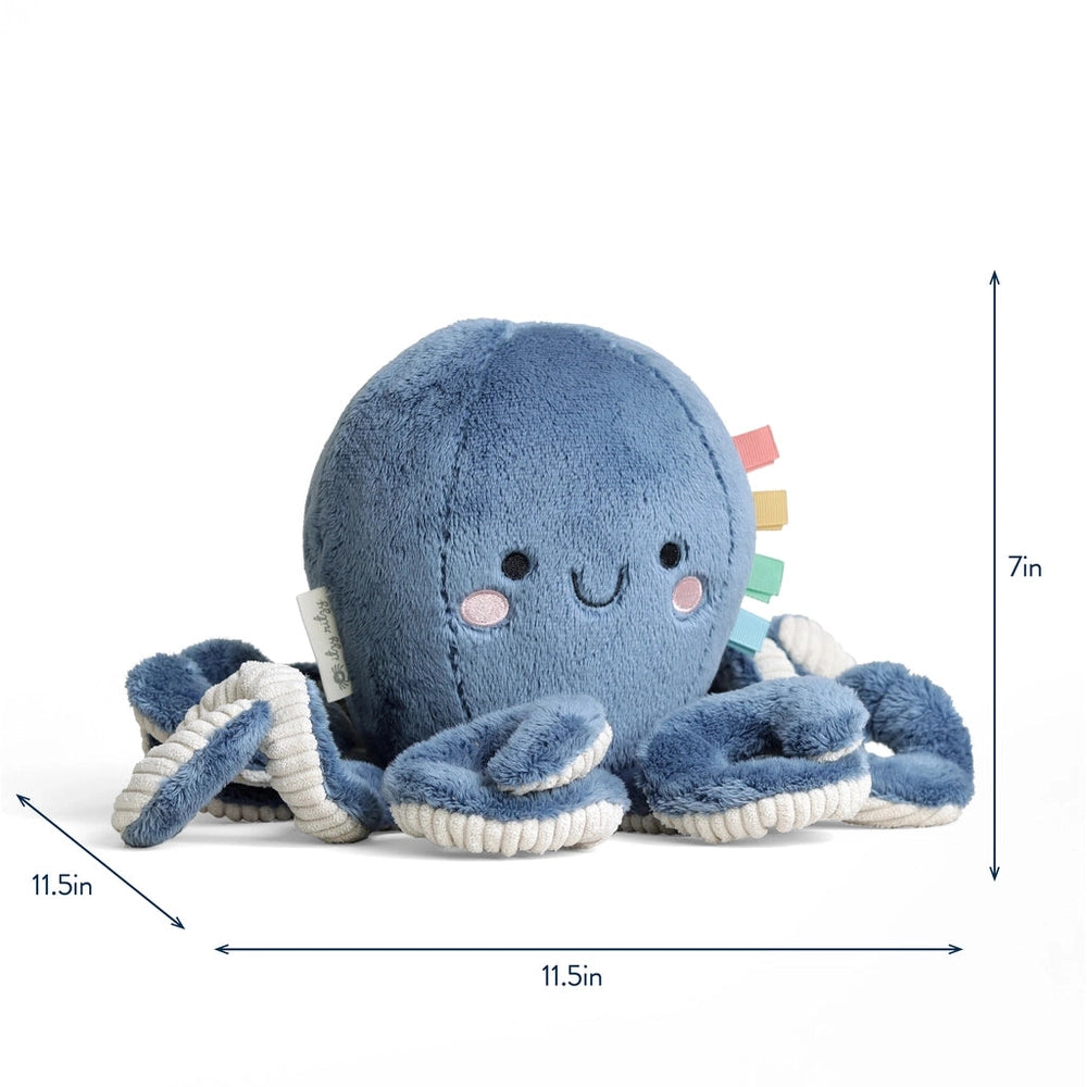 Itzy Ritzy Sweetie Snuggles Plush octopus in soft blue plush with multicolor ribbon tentacles for baby's cuddly play.