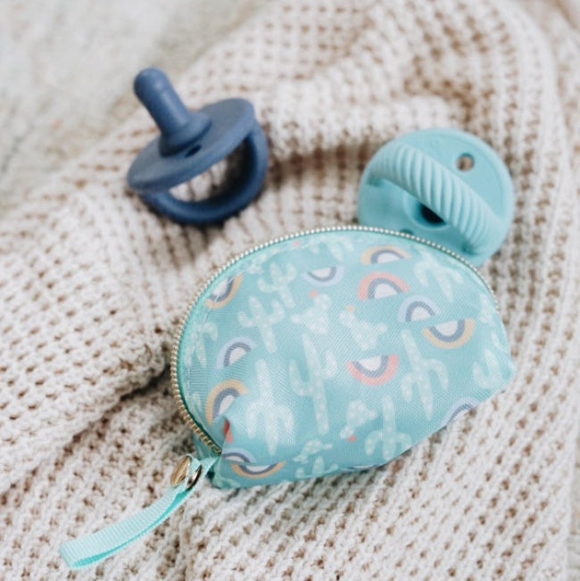 Itzy Ritzy Sweetie Soother pacifier set, 2-pack with teal zipper pouch and blue pacifiers