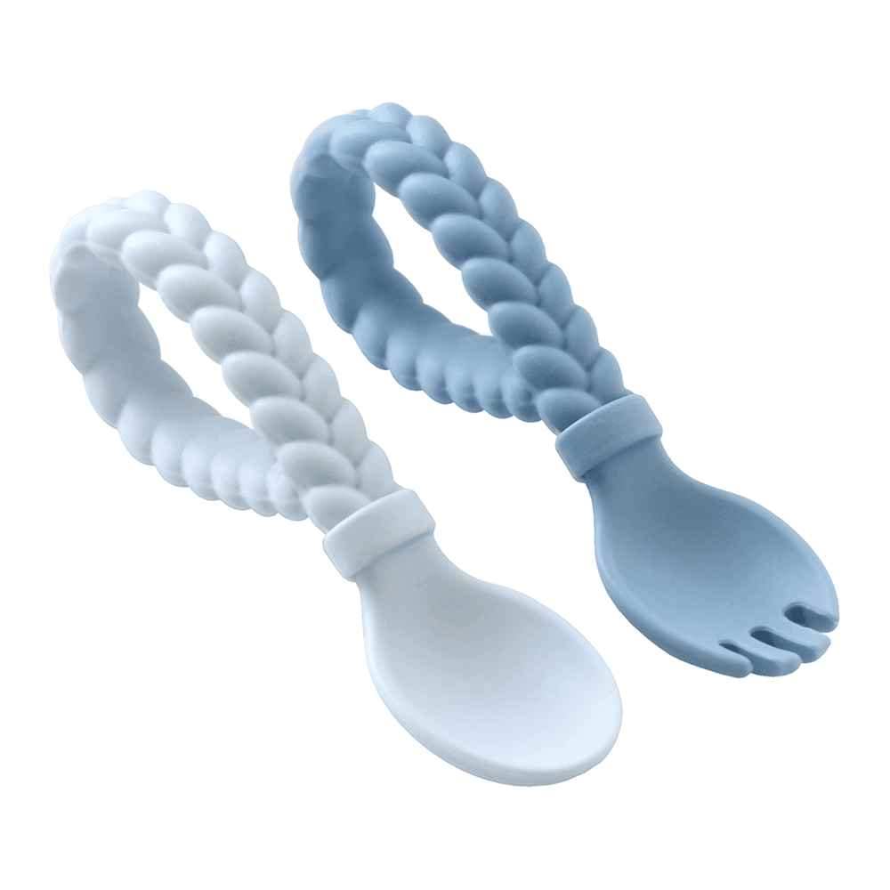 Itzy Ritzy Sweetie Spoon & Fork Set with braided silicone handles in white and blue, shown ready for baby feeding.