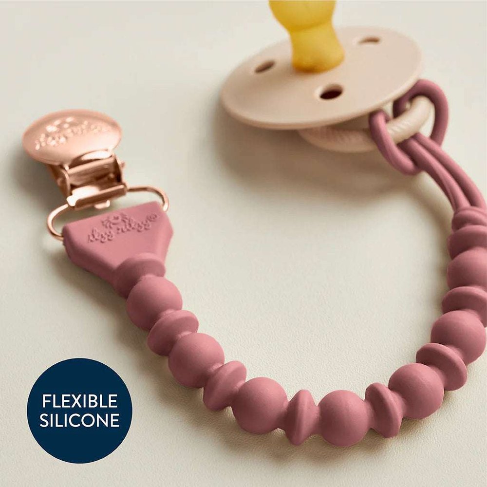 Itzy Ritzy Sweetie Strap pacifier clip with pink silicone beads and rose-gold clip