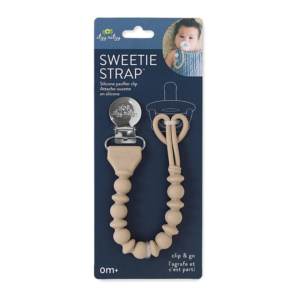 Itzy Ritzy Sweetie Strap beaded pacifier clip in natural beige wood beads with metal clip