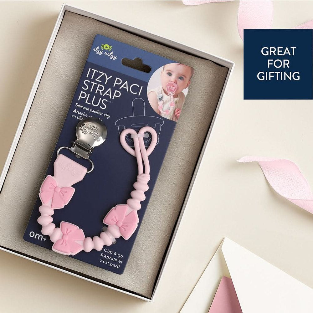 Itzy Ritzy Sweetie Strap Plus Bow pacifier clip gift-ready packaging view