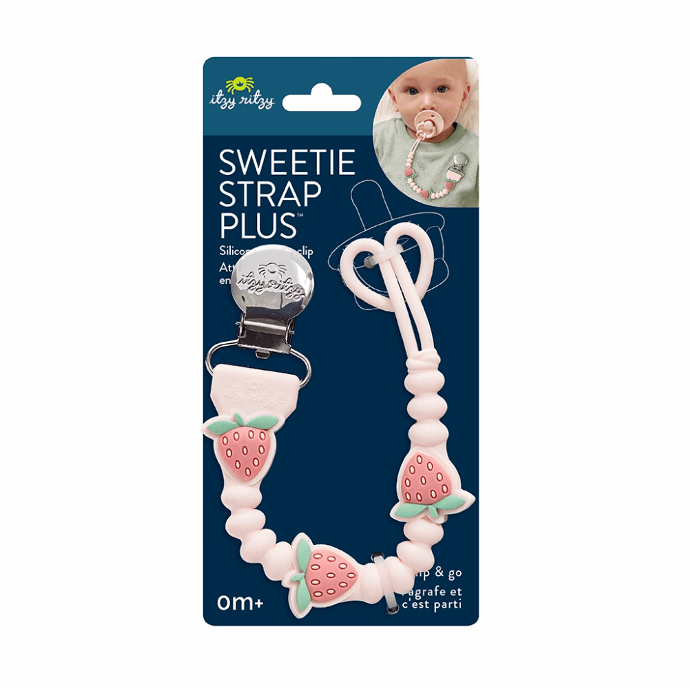 Itzy Ritzy Sweetie Strap Plus pink silicone pacifier clip with strawberry charms