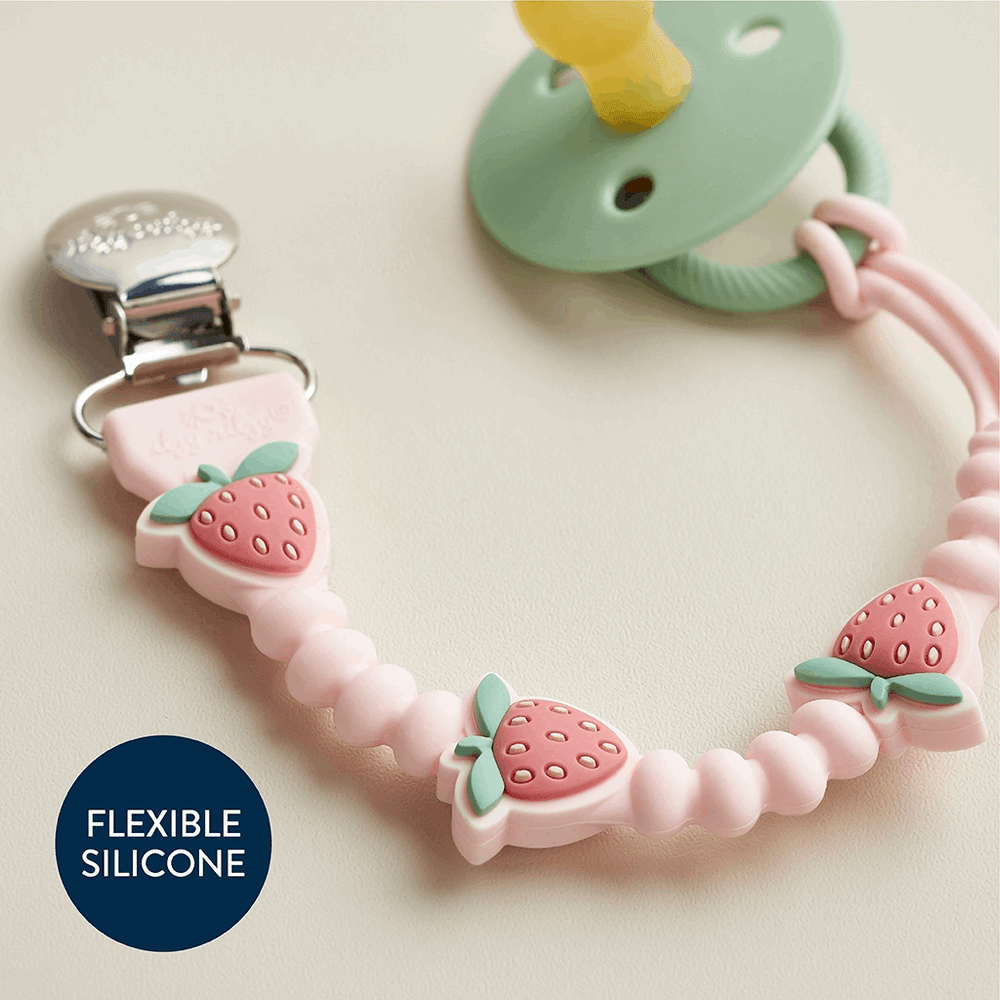Itzy Ritzy Sweetie Strap Plus pacifier clip in pink silicone with strawberry charms