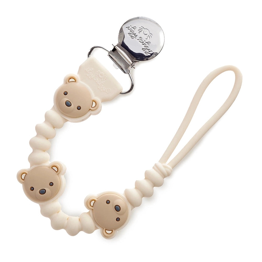 Itzy Ritzy Sweetie Strap Plus pacifier clip with cream bear charms and coiled silicone cord, 3 bears