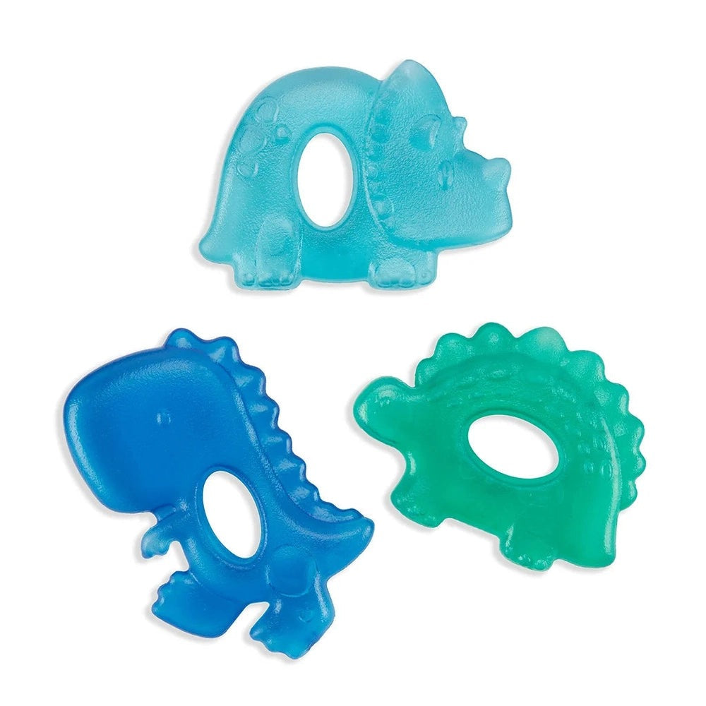 Itzy Ritzy water-filled teether set, 3 dinosaur-shaped teethers in blue and teal