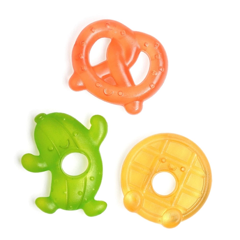 Itzy Ritzy water-filled teether set, 3 pieces: orange pretzel, green cactus, and yellow donut