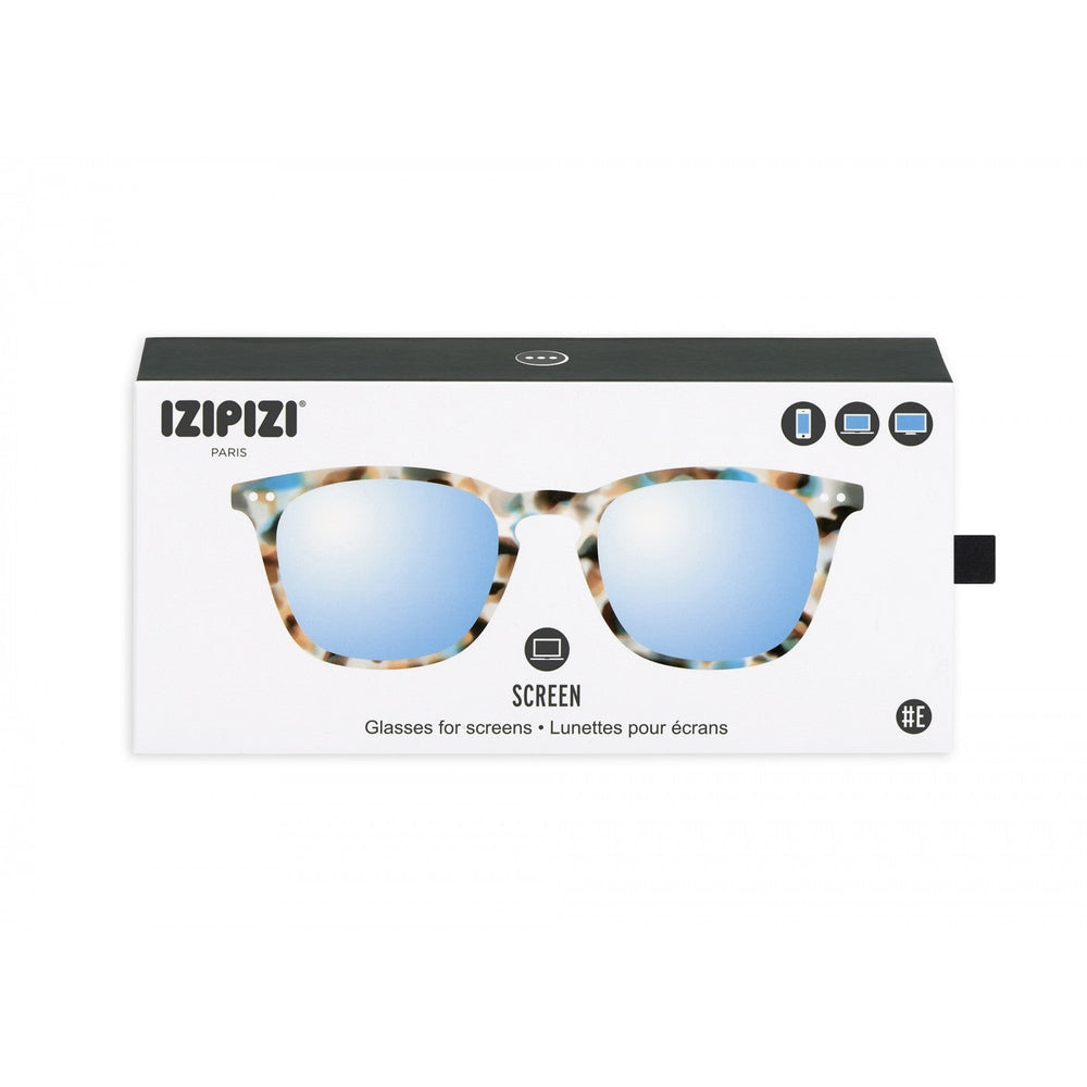 IZIPIZI Screen Adult #E blue tortoise eyeglasses with blue mirrored lenses in packaging
