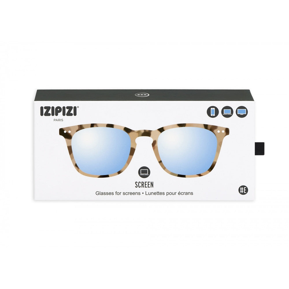 IZIPIZI Screen Adult #E light tortoise glasses with blue mirrored lenses.
