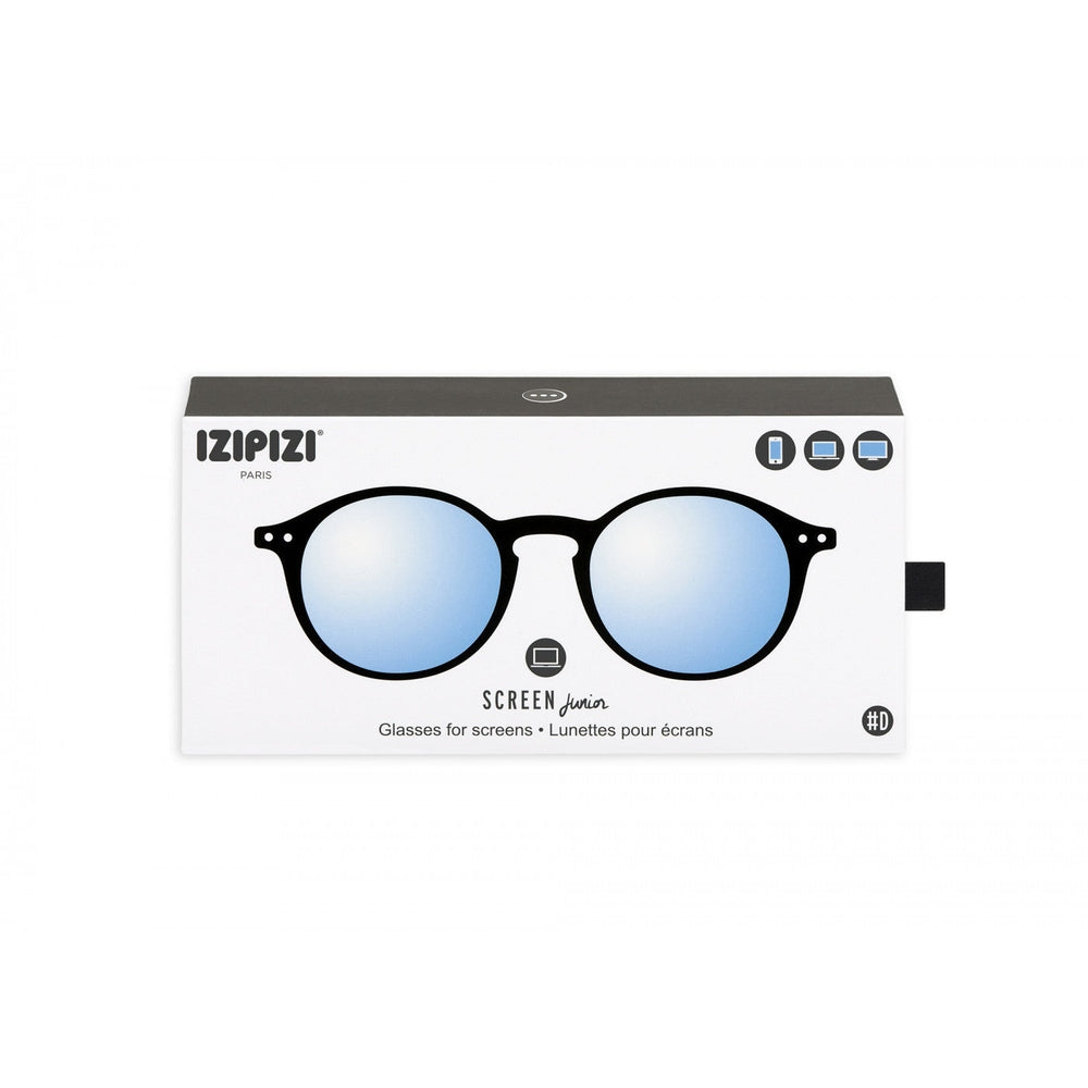 Izipizi Screen Junior #D Black Soft eyeglasses with blue mirrored lenses in white packaging