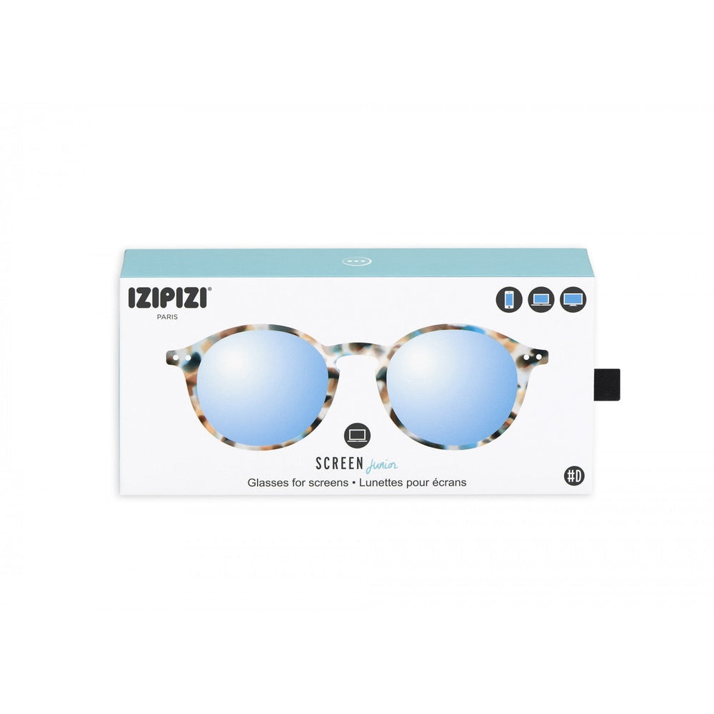 Izipizi Screen Junior #D blue tortoise eyeglasses with blue mirrored lenses in box