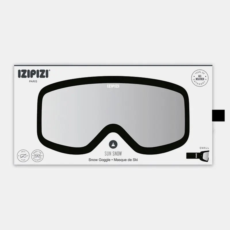 Izipizi Snow Cat2-Black ski goggles with mirrored lens, displayed in a white box with the black strap peeking out.