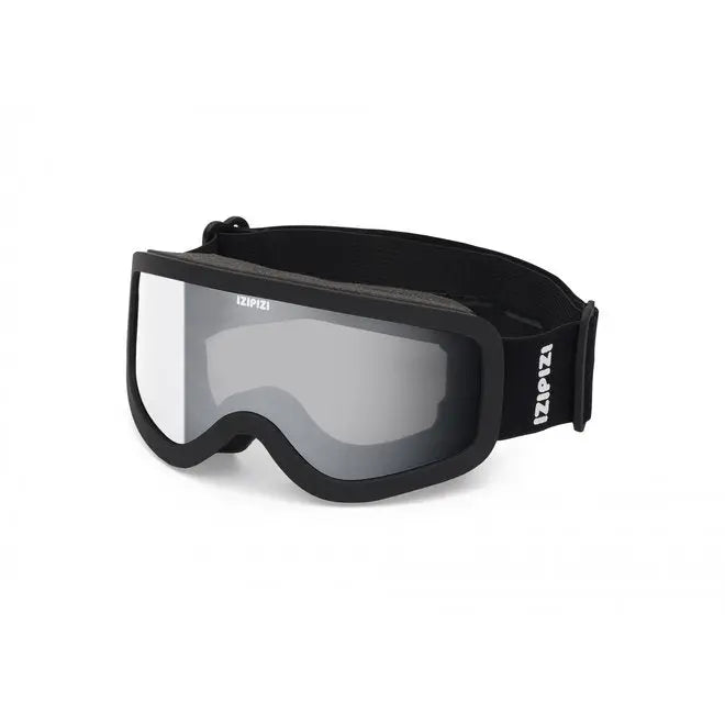 IZIPIZI Snow Junior ski goggles, black frame with gray lens, kid-sized strap showing the IZIPIZI logo.