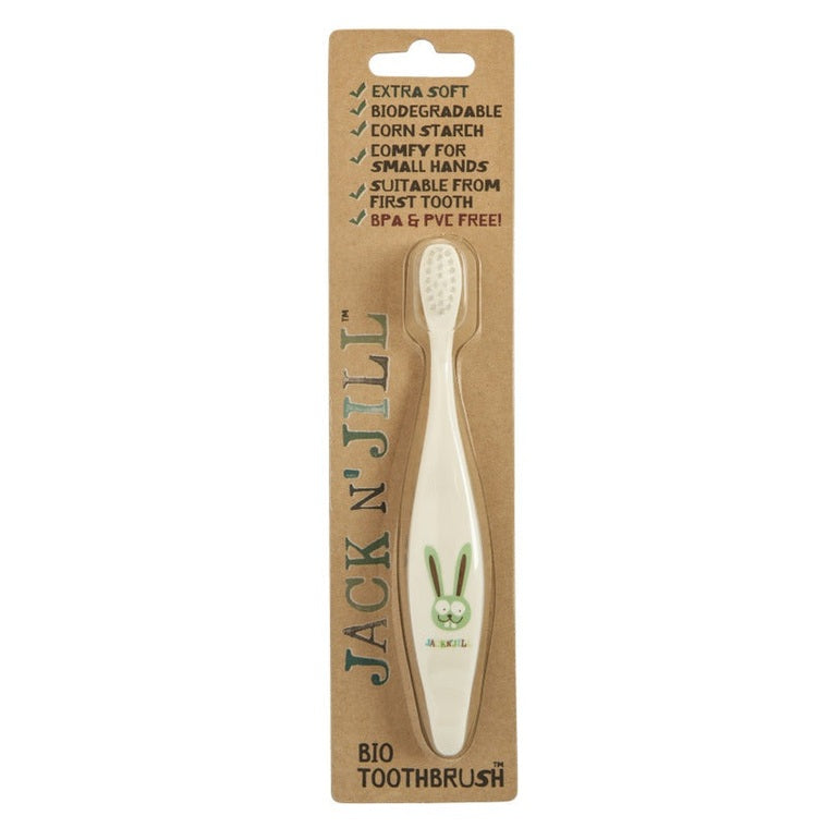 JACK N JIL Jack N Jill Bio Toothbrush - Hippo Design - Compostable & Biodegradable Handle white bristles with green rabbit logo on img 2/5