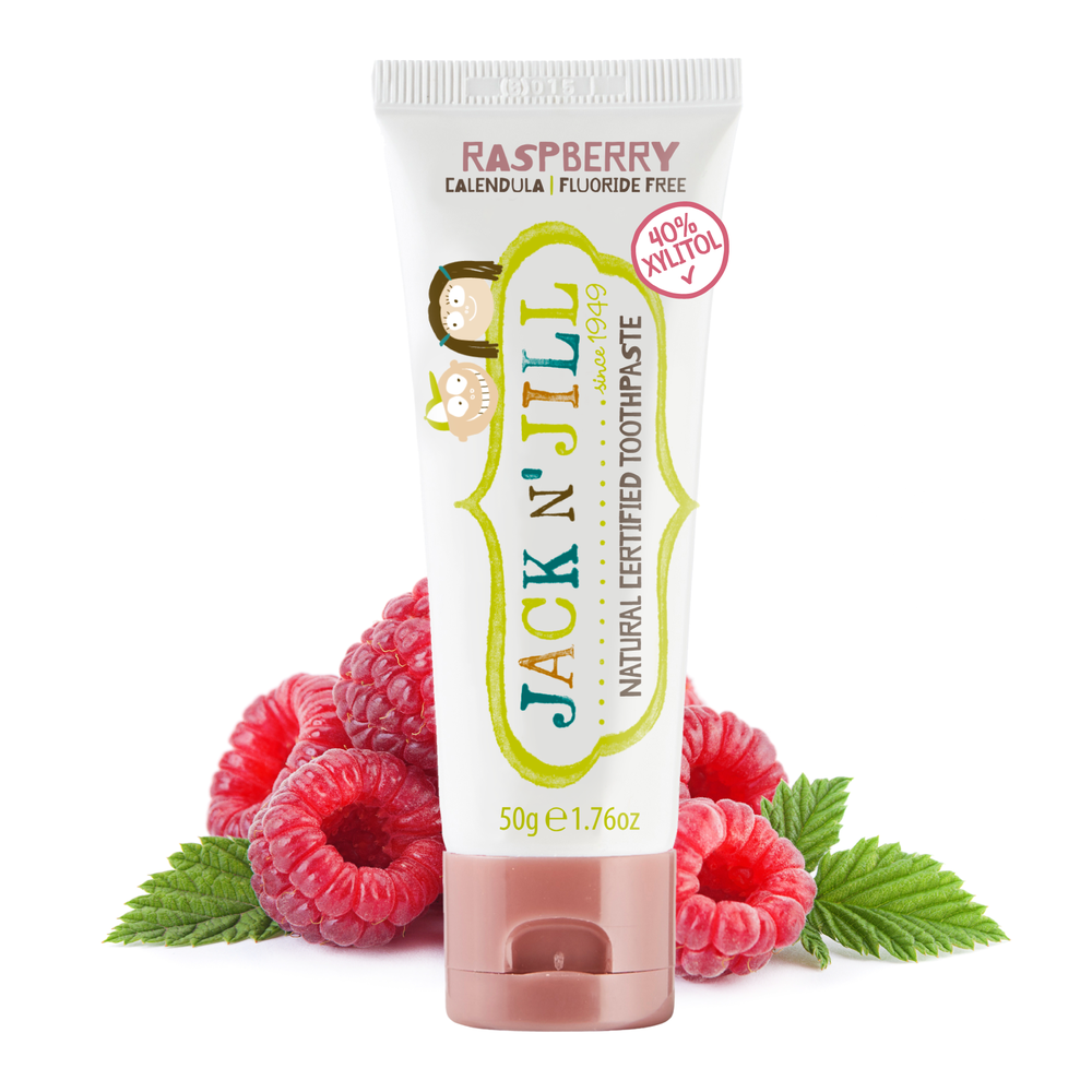 JACK N JIL Jack N Jill Natural Toothpaste - Raspberry Flavor - 50g - Organic & Fluoride-Free flip-top cap with 40% xylitol badge and img 1/5
