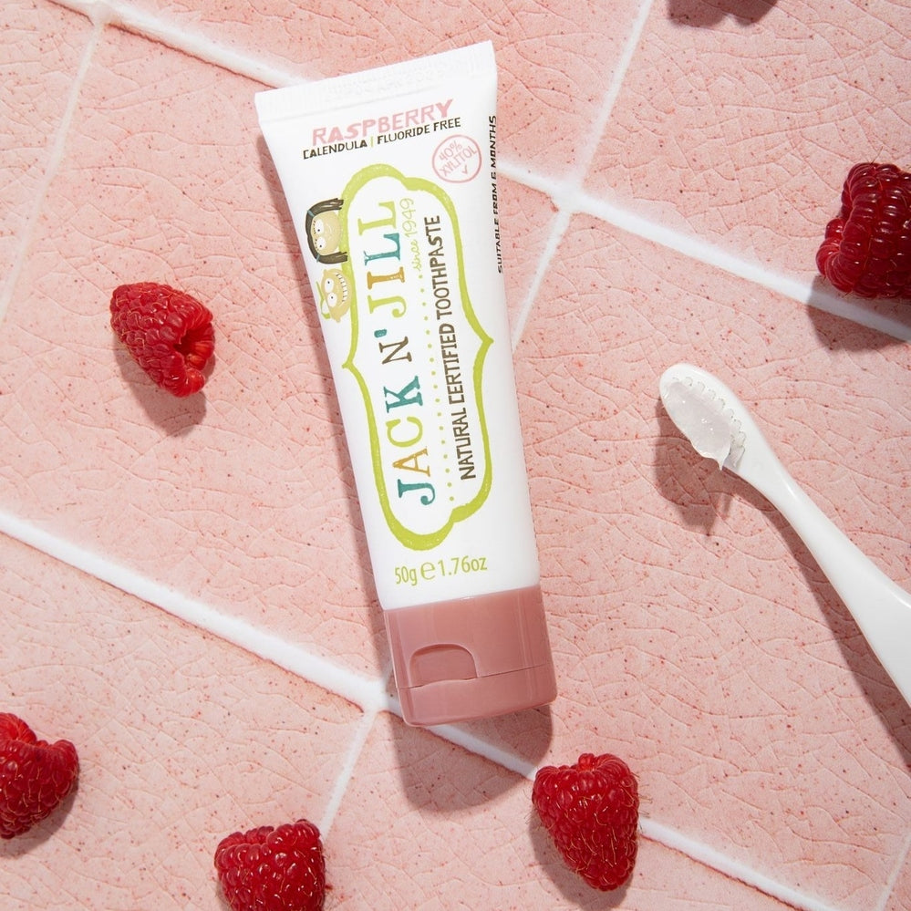 JACK N JIL Jack N Jill Natural Toothpaste - Raspberry Flavor - 50g - Organic & Fluoride-Free flip cap tube with calendula formula img 2/5
