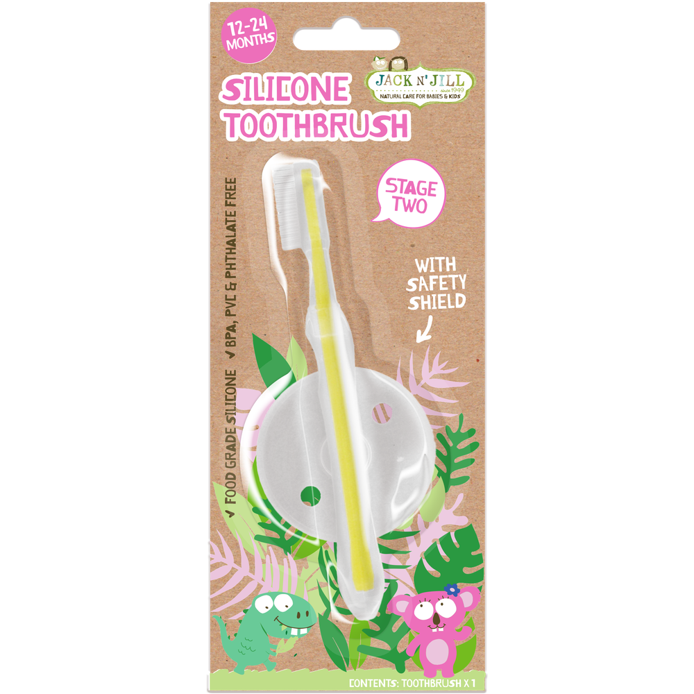 JACK N JIL Jack N Jill Silicone Toothbrush - Stage 2 - For 12 to 24 Months - With Safety Shield Yellow-green striped handle with img 3/4