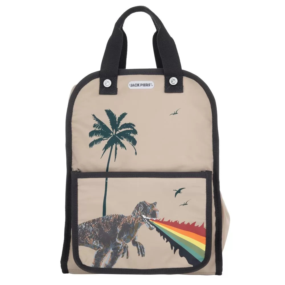 Jack Piers Amsterdam Large backpack beige with black trim featuring palm tree and rainbow dinosaur print