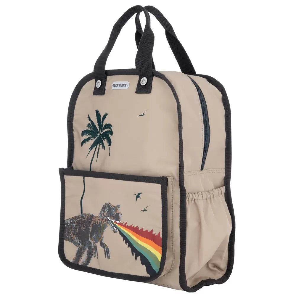 Jack Piers Amsterdam Large backpack beige with black trim, palm tree graphic and rainbow-drawn dinosaur on front pocket