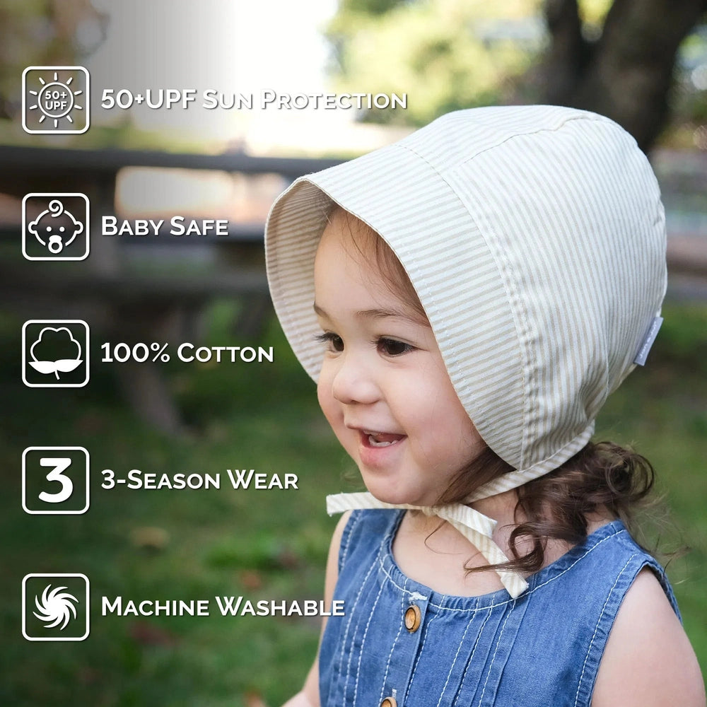 JAN & JUL Jan & Jul Baby Bonnet - White Eyelet vertical striped ribbed fabric with wide brim and chin ties img 4/5