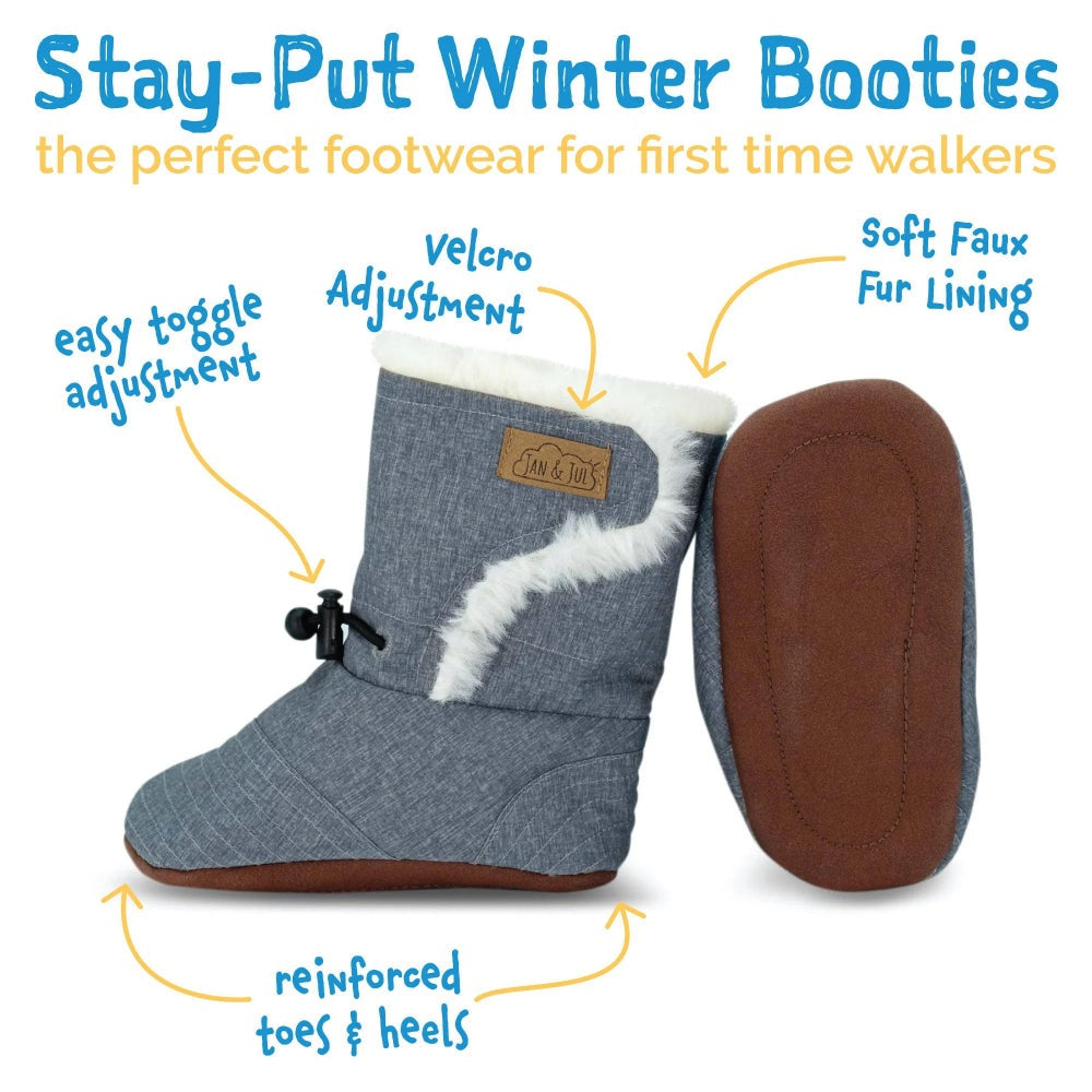 JAN & JUL Baby Stay-Put Winter Booties Bear in blue denim with white faux fur lining, Velcro adjustment and easy toggle.