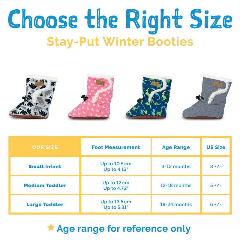 JAN & JUL Baby Stay-Put Winter Booties Bear: four colorful toddler booties with plush lining lined up on white.