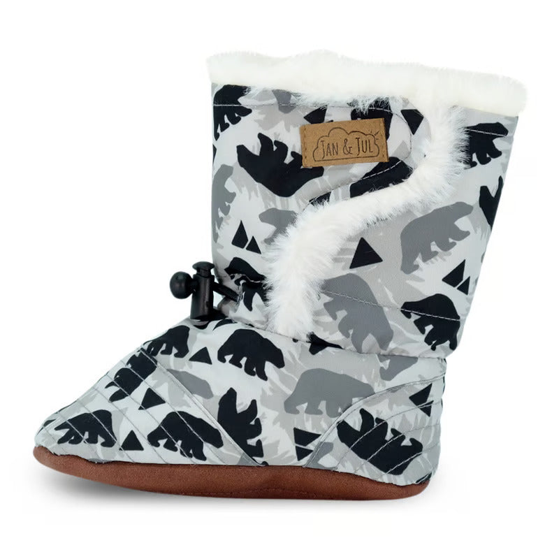 Jan & Jul Baby Stay-Put Winter Booties Bear, gray bear-print with white faux fur and brown sole, adjustable cord secures fit.