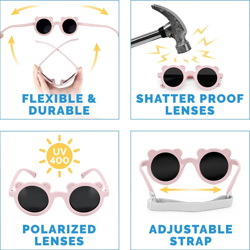 JAN & JUL Jan & Jul Bear Sunglasses W/Black Lens - Soft Pink round children sunglasses shown in product color from image 5 of 7 with flexibl