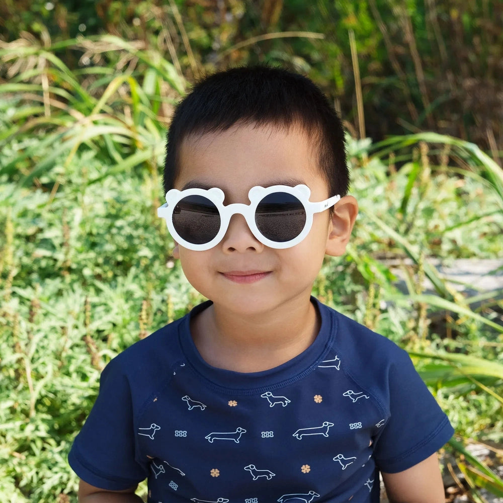 JAN & JUL Jan & Jul Bear Sunglasses W/Black Lens - White round children sunglasses shown in product color from image 2 of 7 with flexible fr