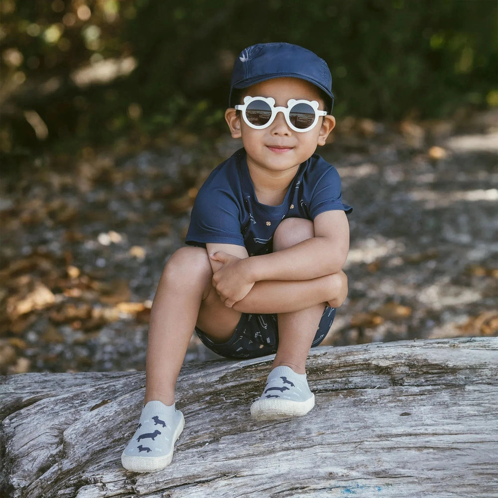 JAN & JUL Jan & Jul Bear Sunglasses W/Black Lens - White round children sunglasses shown in product color from image 3 of 7 with flexible fr