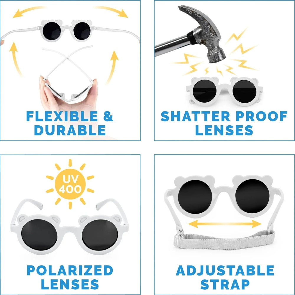 JAN & JUL Jan & Jul Bear Sunglasses W/Black Lens - White round children sunglasses shown in product color from image 7 of 7 with flexible fr