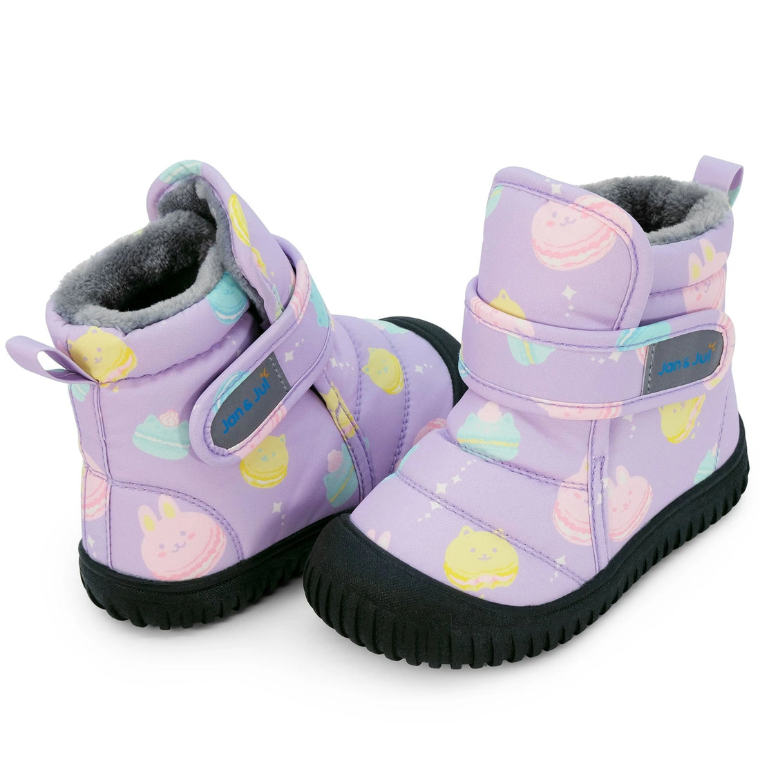 Jan & Jul Kids Insulated Ankle Boots Macarons — rear and angled views of the pair, showing pull tabs and lining