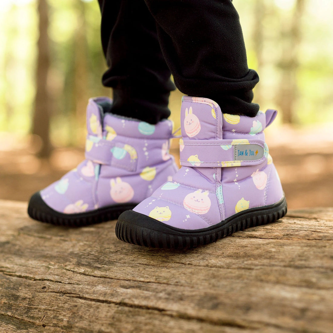 Jan & Jul Kids Insulated Ankle Boots Macarons — boots worn outdoors, close view