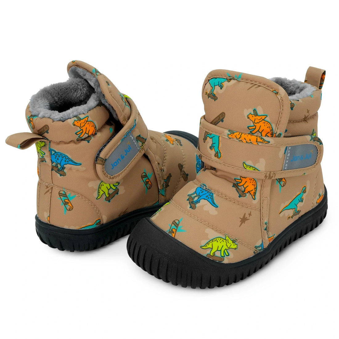 Jan & Jul Kids Insulated Ankle Boots Skater Dinos — rear and angled views of the pair, showing pull tabs and lining