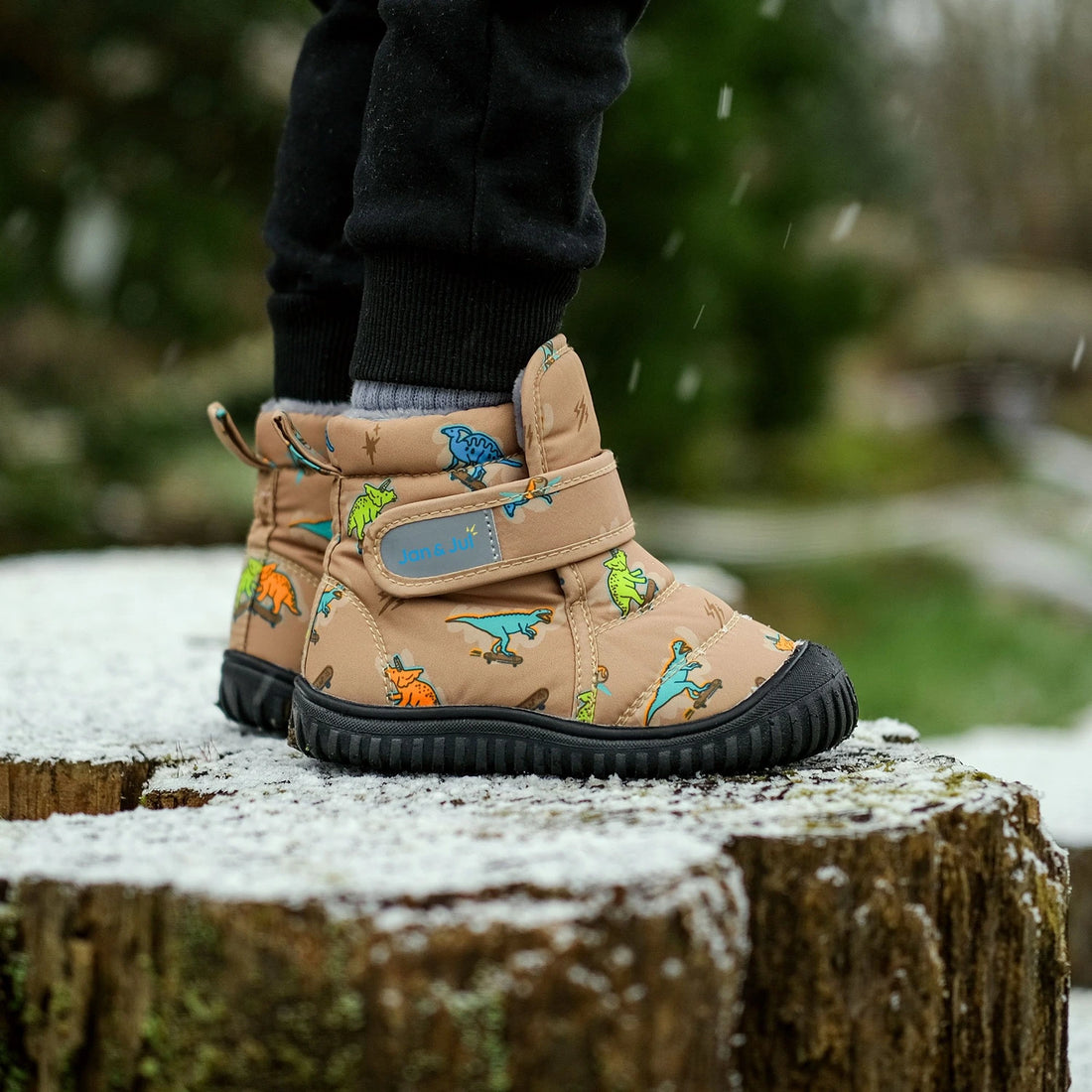 Jan & Jul Kids Insulated Ankle Boots Skater Dinos — boots worn outdoors, close view