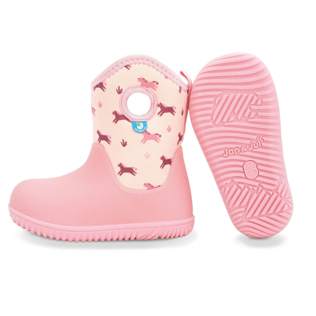 Jan & Jul Kids Lite Waterproof Boots Pink Ponies — pair of boots showing the printed upper and treaded outsole