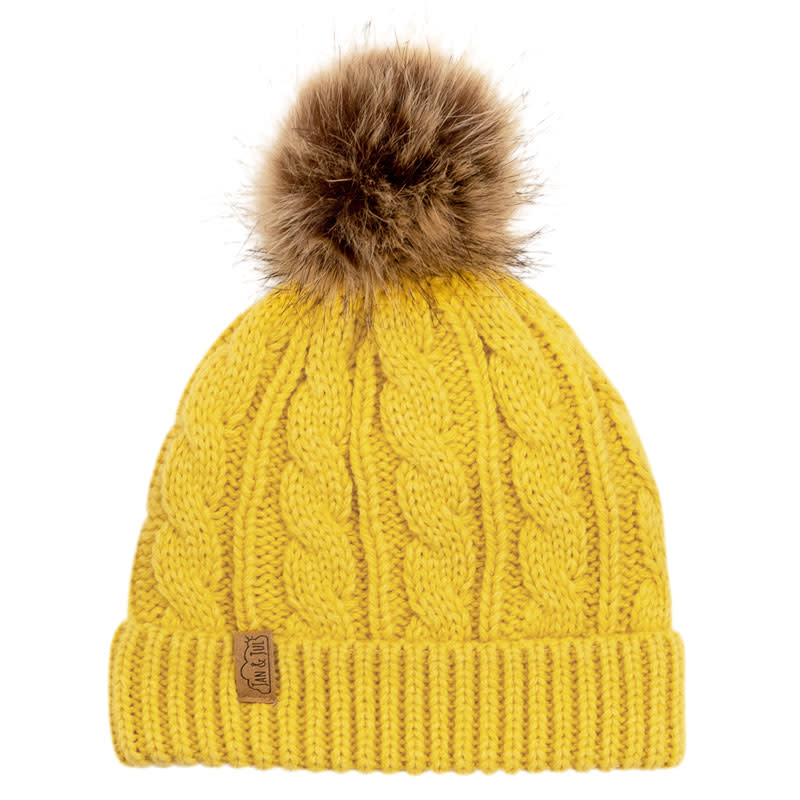 JAN & JUL mustard cable-knit baby beanie with brown faux-fur pom-pom