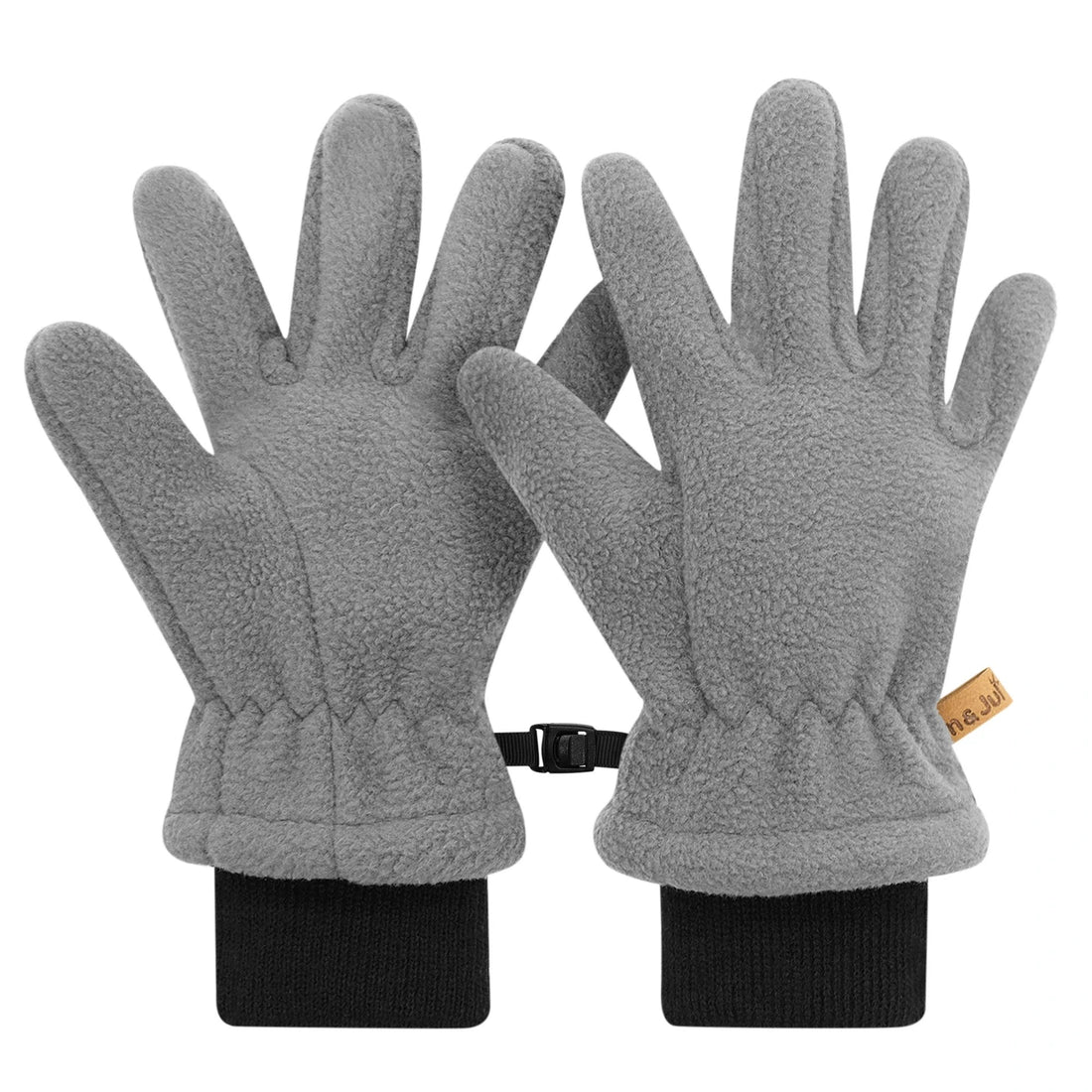 Jan & Jul Kids Fleece Gloves Dark Grey — pair of fleece gloves showing ribbed cuffs and wrist connector