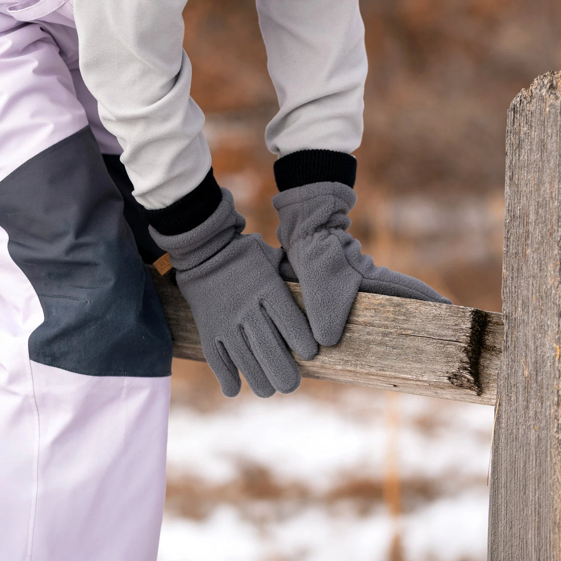Jan & Jul Kids Fleece Gloves Dark Grey — fleece gloves worn outdoors, close view of the cuffs