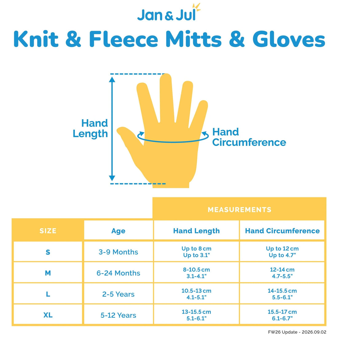 Jan & Jul Fleece Gloves and Mittens official size and measurement chart